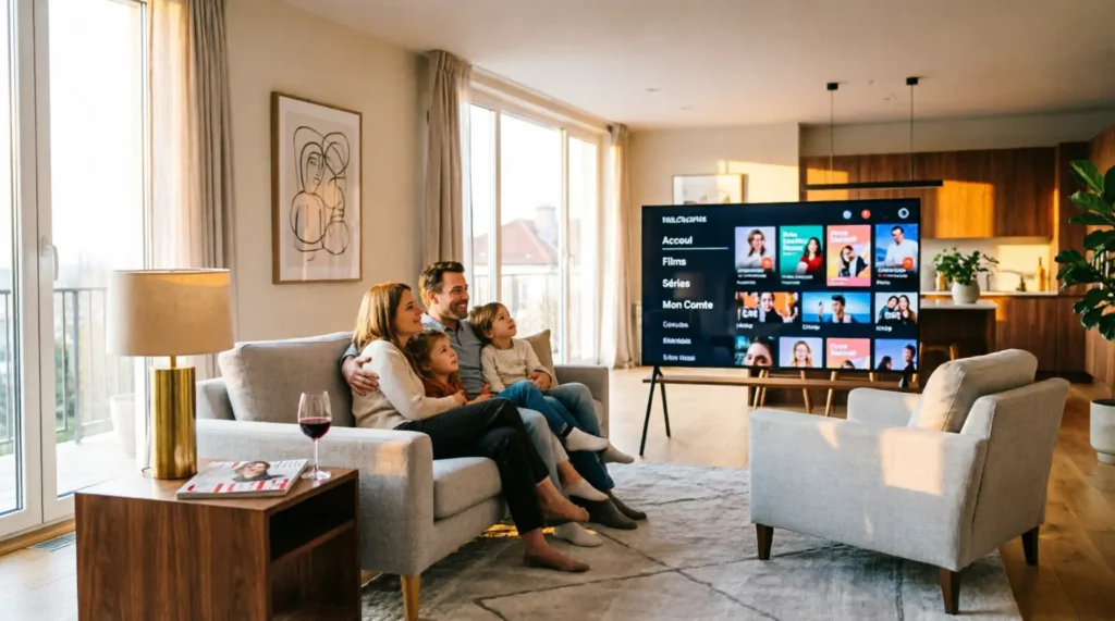 Famille en France utilisant une agence IPTV fiable sur Smart TV
