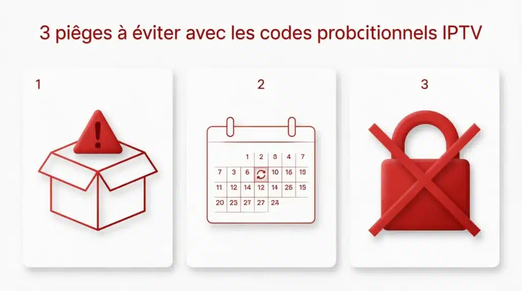 Guide visuel illustrant les 3 principaux pièges à éviter avec un code promo IPTV : faux code, renouvellement caché et service illégal
