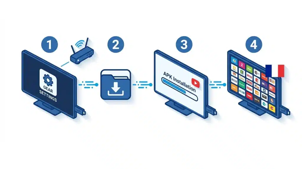 Quatre étapes illustrées pour installer un abonnement IPTV français sur un Fire TV Stick : paramètres développeur, application Downloader, installation APK et grille de chaînes françaises à l'écran