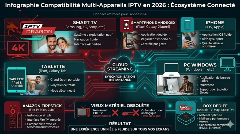 Schéma compatibilité multi-appareils IPTV Dragon 2026 : Smart TV Samsung LG, smartphone Android, iPhone, tablette, PC Windows, Amazon Firestick et box IPTV dédiée