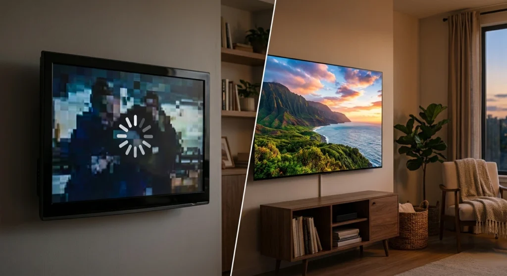 Tableau comparatif de fiabilité de cinq services iptv fiable en 2026 mesurant uptime, débit vidéo et taux de flux actifs en conditions réelles