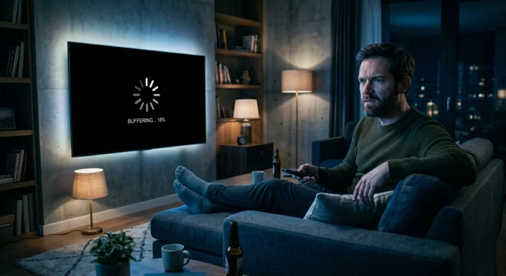 Homme frustré devant un écran IPTV qui buffe — choisir le meilleur abonnement IPTV évite ce problème