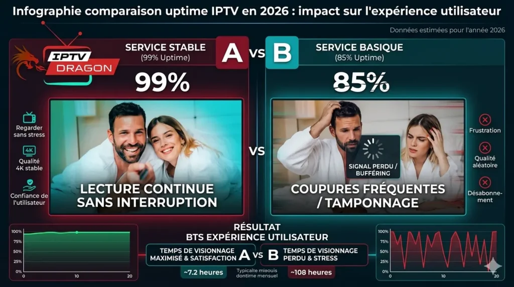 Infographie quel IPTV choisir en 2026 : comparaison uptime entre un service IPTV stable à 99 % et un service basique à 85 %, impact direct sur les coupures et l'expérience utilisateur