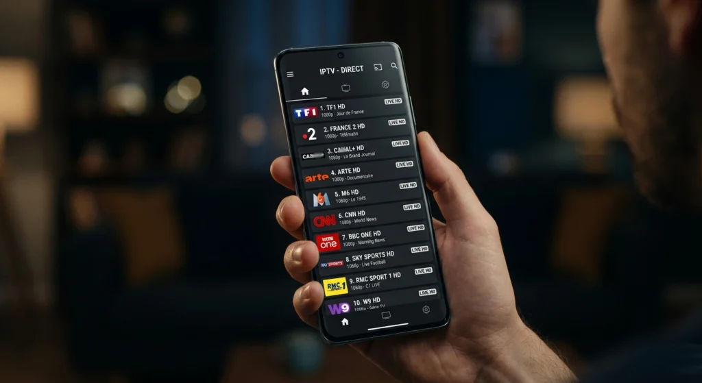 Smartphone Android affichant l'interface de l'application Iron IPTV avec une liste de chaînes françaises et internationales en haute définition