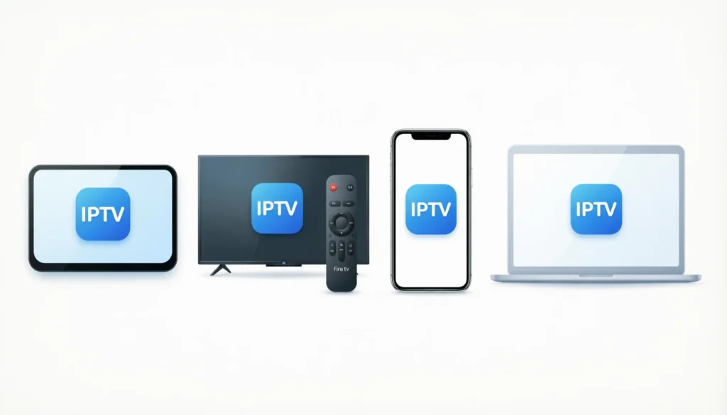 Tableau comparatif visuel des meilleures applications IPTV en 2026 : IPTV Smarters Pro, TiviMate, GSE Smart IPTV et Perfect Player sur différents appareils