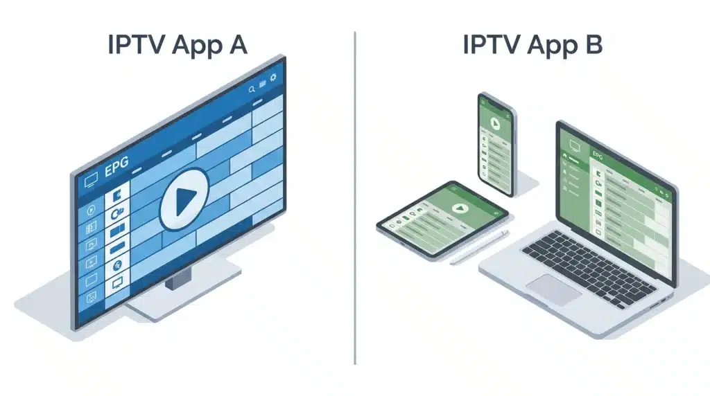 Comparaison visuelle entre TiviMate et IPTV Smarters Pro comme meilleur appli IPTV : interface EPG sur Android TV et interface multi-appareils