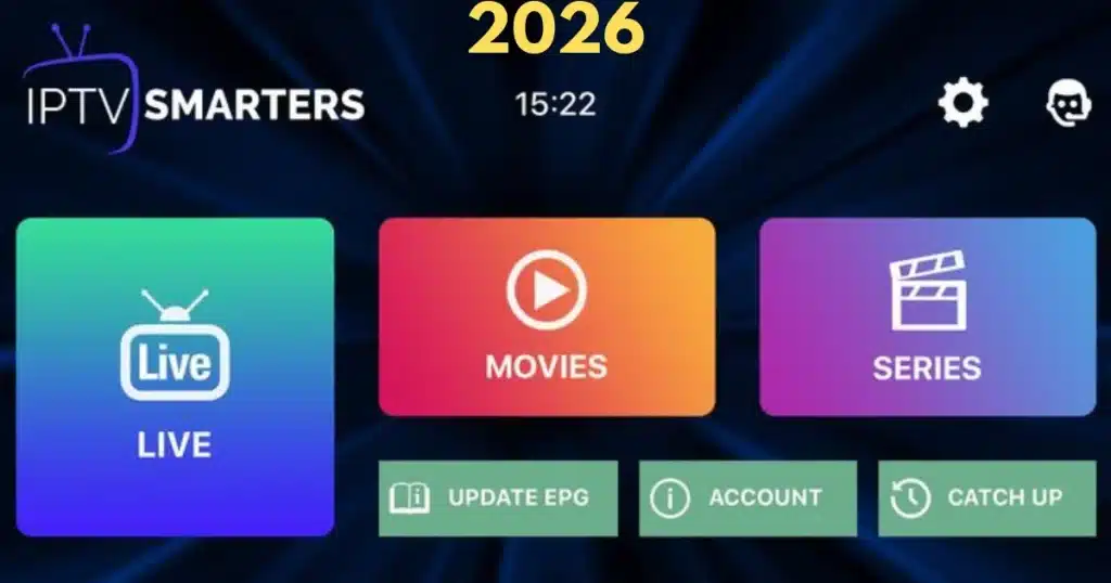 Code IPTV Smarters Pro 2026 avec sections Live, Films et Séries sur Smart TV