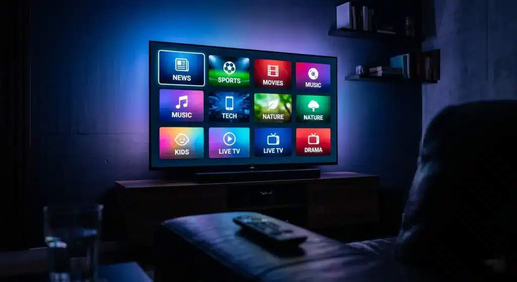 Interface d'application IPTV sur TV 4K avec télécommande Fire TV Stick posée sur un canapé en cuir