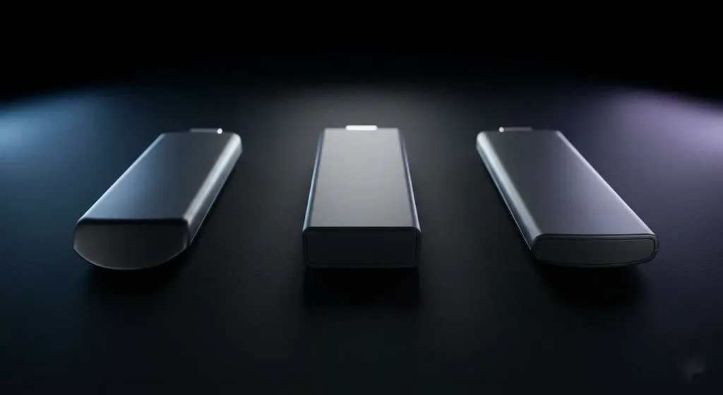 Trois modèles Fire TV Stick dont le 4K Max comparés côte à côte sur fond sombre