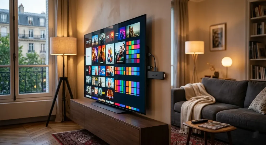 Fire TV Stick connecté à une TV 4K OLED affichant une interface IPTV dans un salon moderne