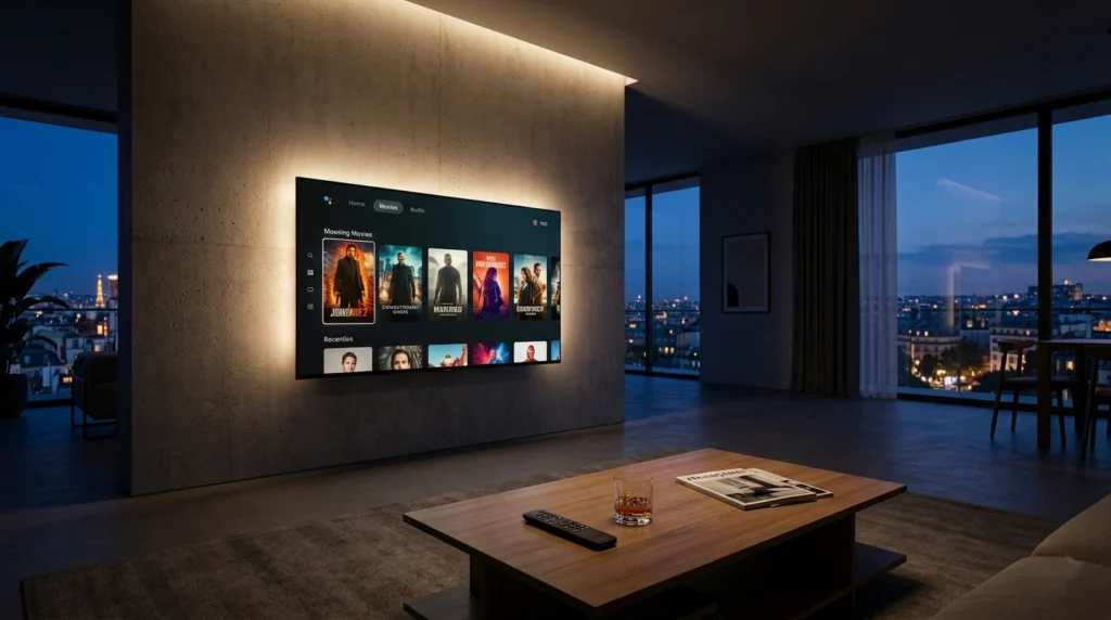 Salon parisien moderne avec une Smart TV affichant une interface d'abonnement IPTV premium.