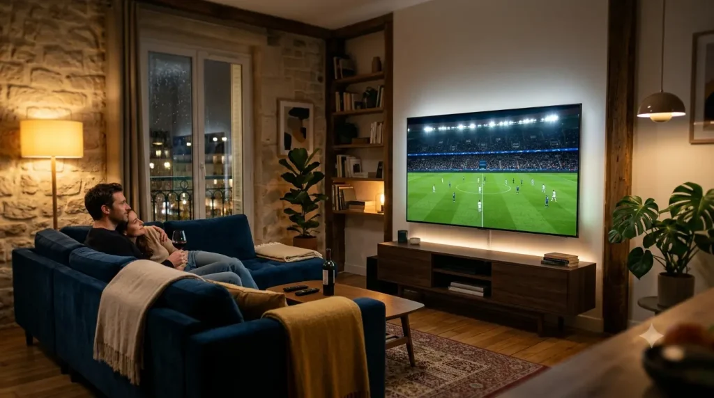 Offre IPTV en France — Smart TV 4K diffusant un match de football en direct dans un salon moderne
