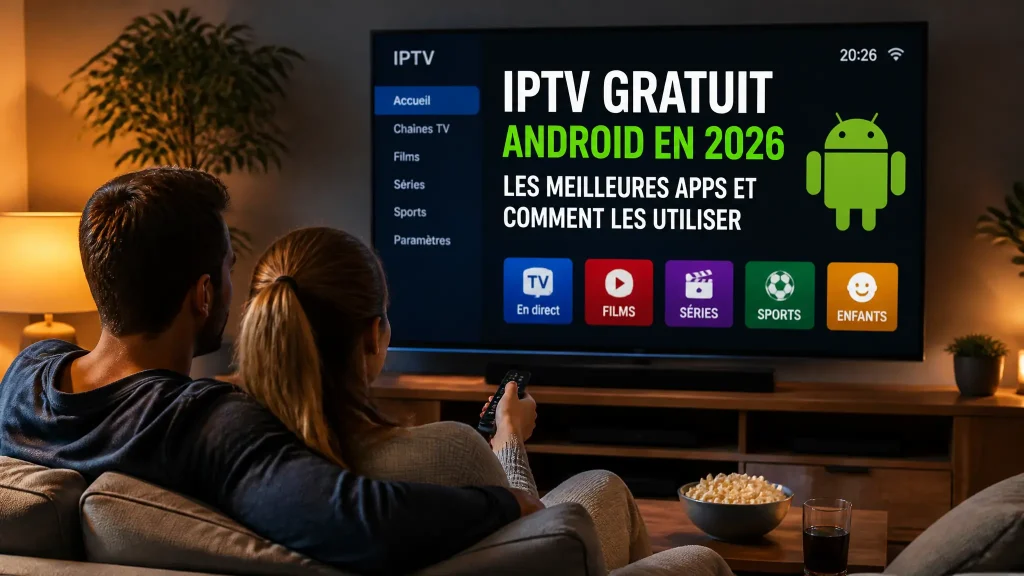 Application iptv gratuit android ouverte sur un smartphone avec liste de chaînes françaises