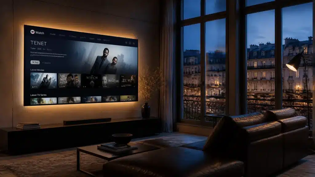 IPTV achat dans un salon parisien moderne avec une Smart TV haut de gamme affichant un menu fluide d'un IPTV achat France.