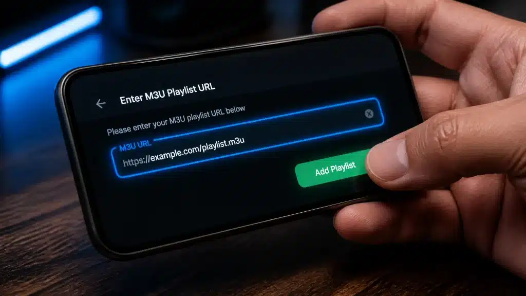 IPTV gratuit sans code configuré sur Android via URL liste M3U dans application IPTV Smarters Pro