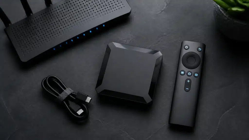 IPTV gratuit sans code sur boîtier x96q Android TV avec télécommande et routeur Wi-Fi connecté
