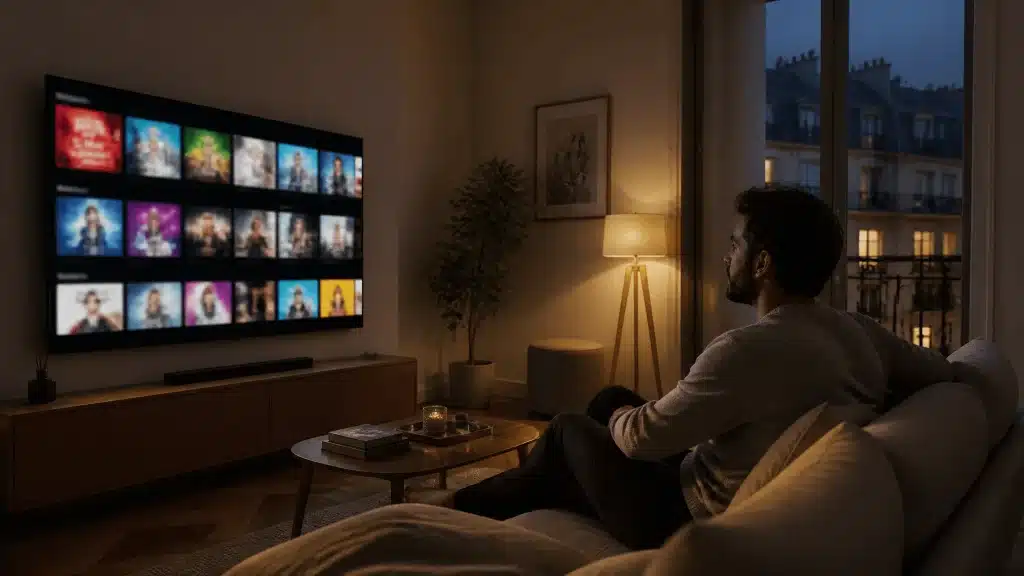 IPTV gratuit sans code sur Smart TV dans salon parisien moderne avec interface streaming colorée