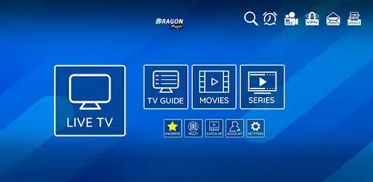 Dragon Player IPTV installé sur Smart TV Samsung 4K affichant 
une interface de streaming en qualité Ultra HD Full HD