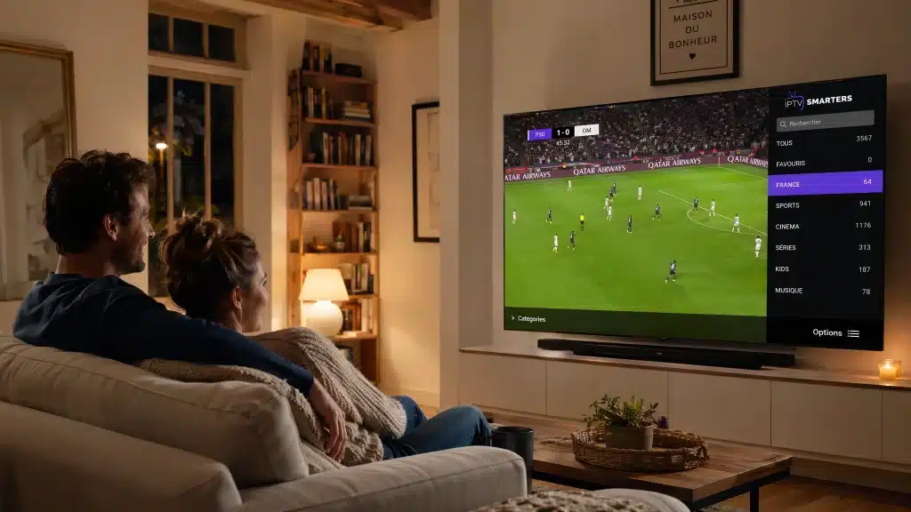 Couple regardant un match en 4K sans coupure grâce à IPTV Dragon, meilleur abonnement IPTV premium en France