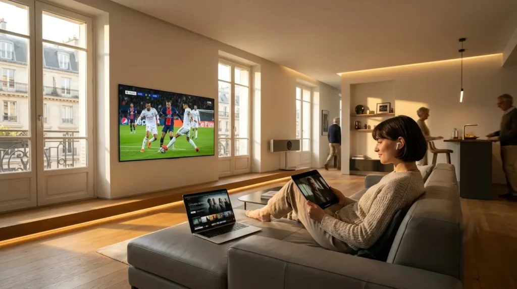 différents appareils activement diffusant du contenu IPTV simultanément dans un salon moderne, pour un service iptv multi ecran pour toute la famille